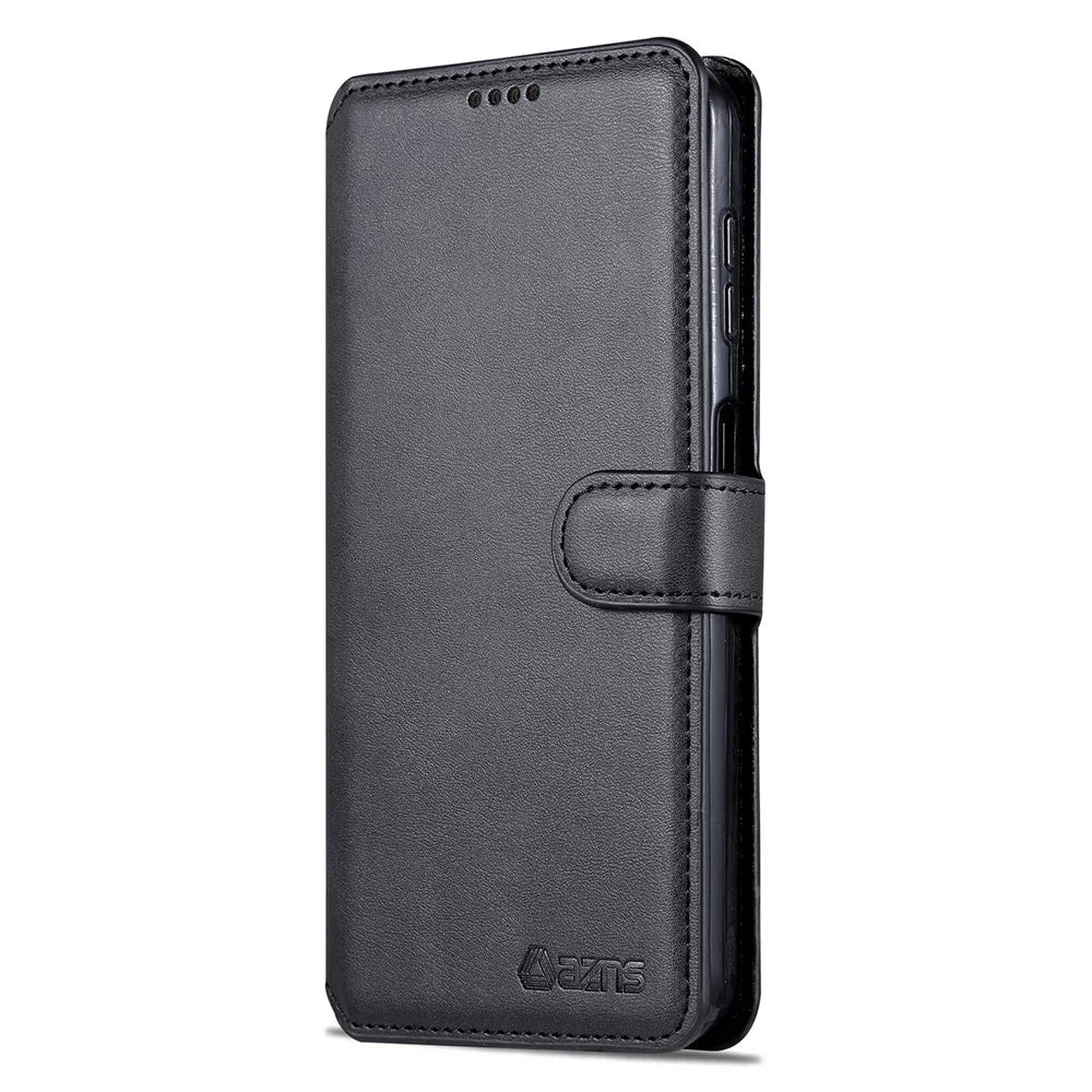 AZNS Drop-proof Phone Case For Samsung Galaxy A14 5G / A14 4G Calf Texture Leather Phone Wallet Cover Stand - Black - 7