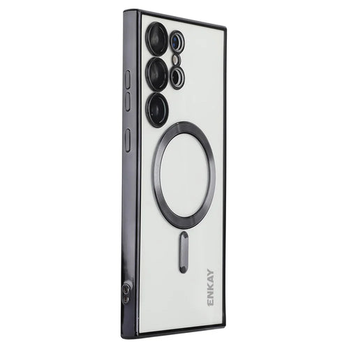 ENKAY HAT PRINCE For Samsung Galaxy S23 Ultra Magnetic Phone Cover Lens Protection Electroplating Clear TPU Case - Black - 1