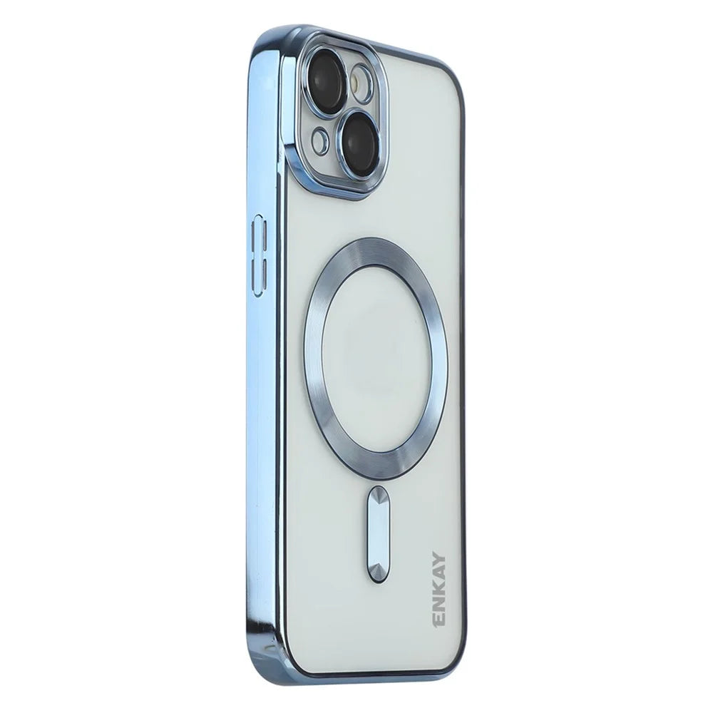 ENKAY HAT PRINCE For iPhone 14 Magnetic Phone Case Electroplating Clear TPU Cover with Lens Protector - Baby Blue - 1