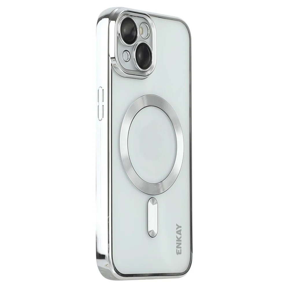 ENKAY HAT PRINCE Magnetic Phone Case for iPhone 13 Lens Protection Electroplating TPU Transparent Cover - Silver - 1