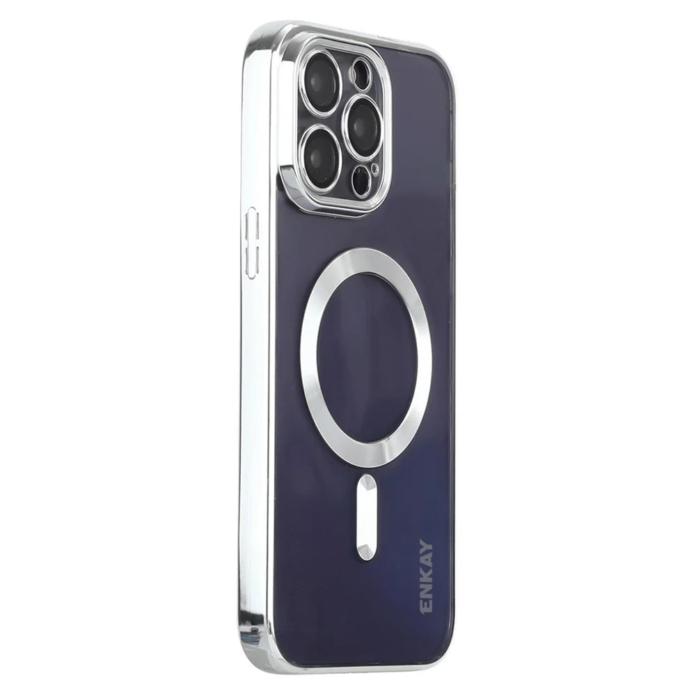 ENKAY HAT PRINCE For iPhone 13 Pro Magnetic Phone Cover Clear Electroplating Frame Lens Protection TPU Case - Silver - 1