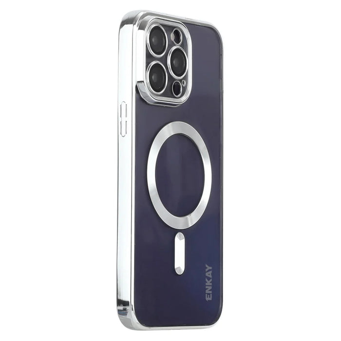ENKAY HAT PRINCE For iPhone 13 Pro Magnetic Phone Cover Clear Electroplating Frame Lens Protection TPU Case - Silver - 1