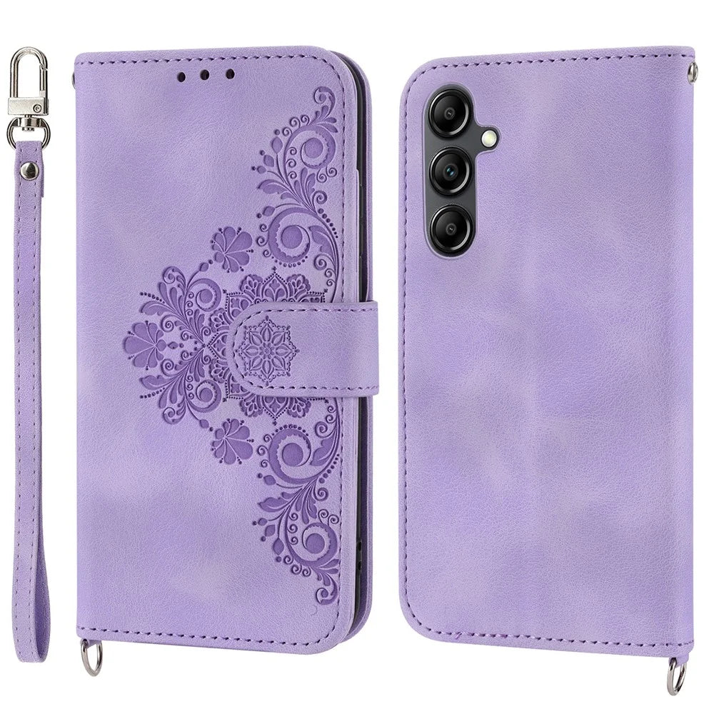 Leather Phone Case for Samsung Galaxy A34 5G Wallet Stand Imprinted Flower Skin-touch Cover with Strap - Light Purple - 1