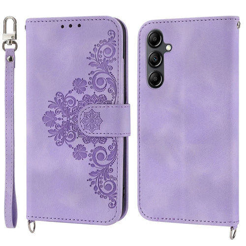Leather Phone Case for Samsung Galaxy A34 5G Wallet Stand Imprinted Flower Skin-touch Cover with Strap - Light Purple - 1