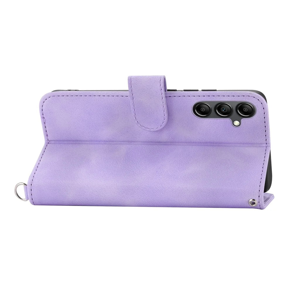 Leather Phone Case for Samsung Galaxy A34 5G Wallet Stand Imprinted Flower Skin-touch Cover with Strap - Light Purple - 3