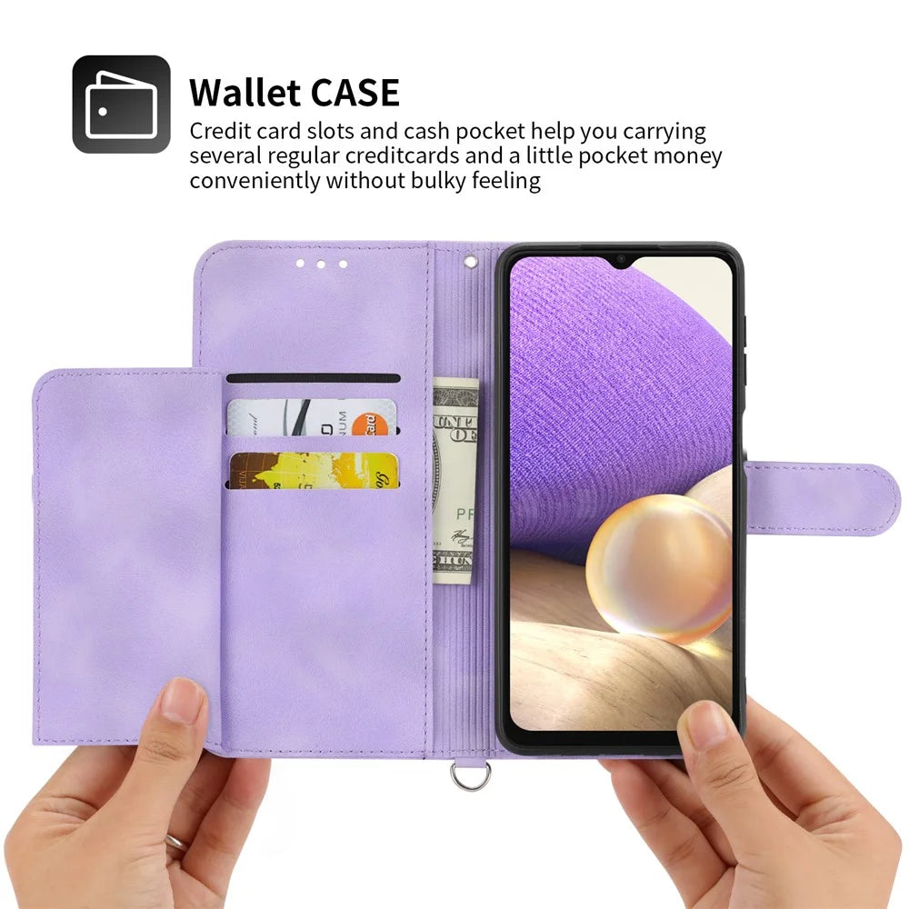 Leather Phone Case for Samsung Galaxy A34 5G Wallet Stand Imprinted Flower Skin-touch Cover with Strap - Light Purple - 4