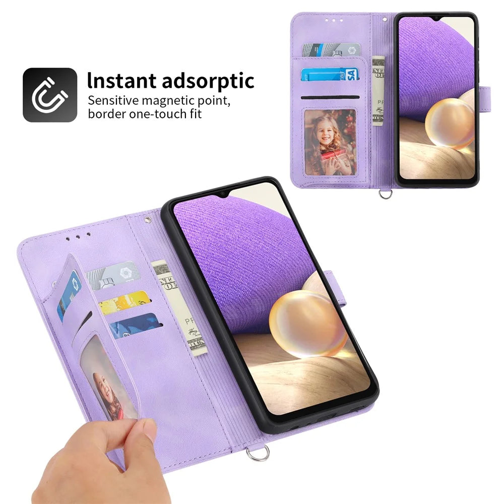 Leather Phone Case for Samsung Galaxy A34 5G Wallet Stand Imprinted Flower Skin-touch Cover with Strap - Light Purple - 6