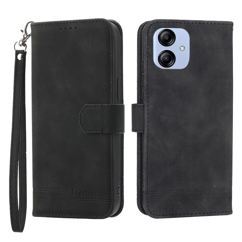 DIERFENG DF-03 for Samsung Galaxy A04e 4G / F04 4G / M04 4G Leather Phone Case Lines Imprinted Stand Phone Wallet Cover - Black - 1