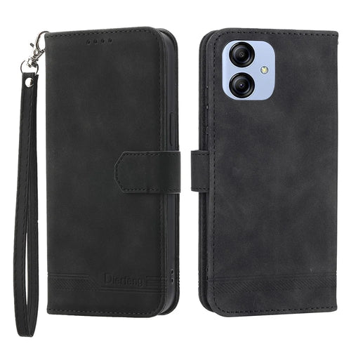 DIERFENG DF-03 for Samsung Galaxy A04e 4G / F04 4G / M04 4G Leather Phone Case Lines Imprinted Stand Phone Wallet Cover - Black - 1