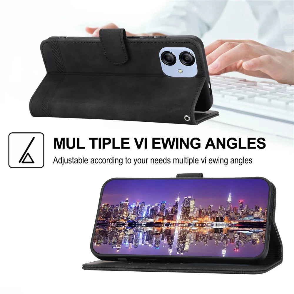 DIERFENG DF-03 for Samsung Galaxy A04e 4G / F04 4G / M04 4G Leather Phone Case Lines Imprinted Stand Phone Wallet Cover - Black - 4