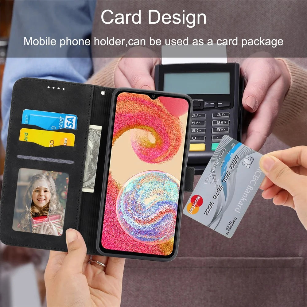 DIERFENG DF-03 for Samsung Galaxy A04e 4G / F04 4G / M04 4G Leather Phone Case Lines Imprinted Stand Phone Wallet Cover - Black - 6