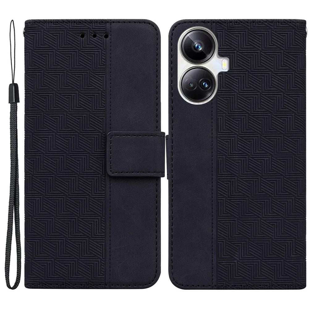 Protective Phone Case For Realme 10 Pro+ 5G , Stand Imprinted Leather Cell Phone Cover Wallet - Black - 1
