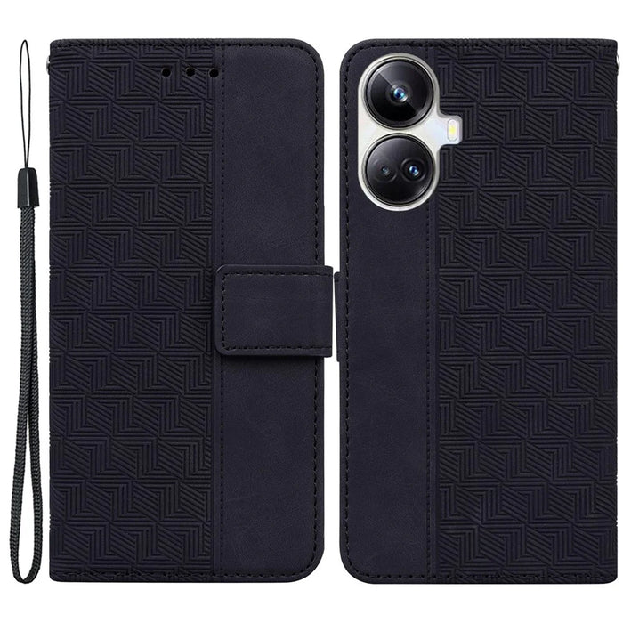 Protective Phone Case For Realme 10 Pro+ 5G , Stand Imprinted Leather Cell Phone Cover Wallet - Black - 1