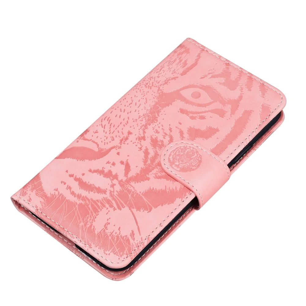 For Samsung Galaxy F04 4G / M04 4G / A04e 4G Stand Wallet Phone Cover Tiger Pattern Imprinted Leather Case - Pink - 4