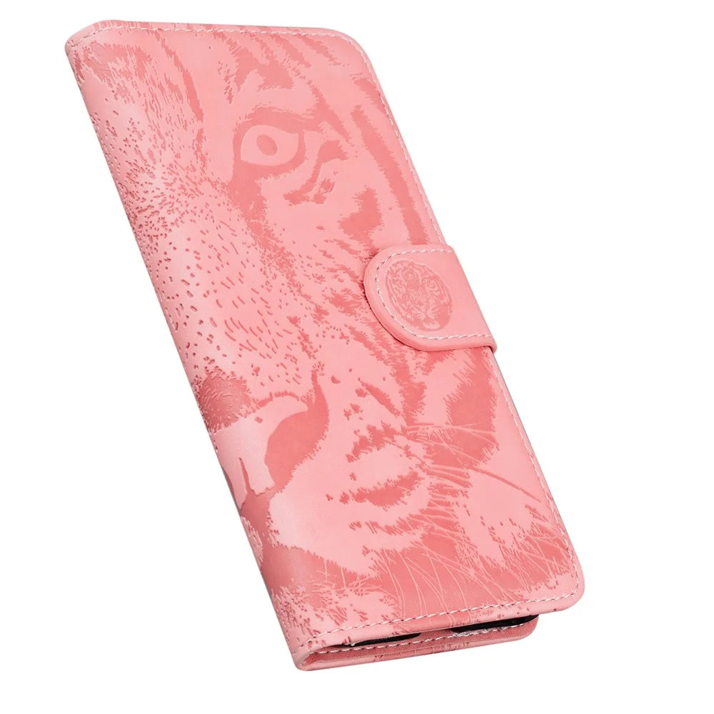 For Samsung Galaxy F04 4G / M04 4G / A04e 4G Stand Wallet Phone Cover Tiger Pattern Imprinted Leather Case - Pink - 5