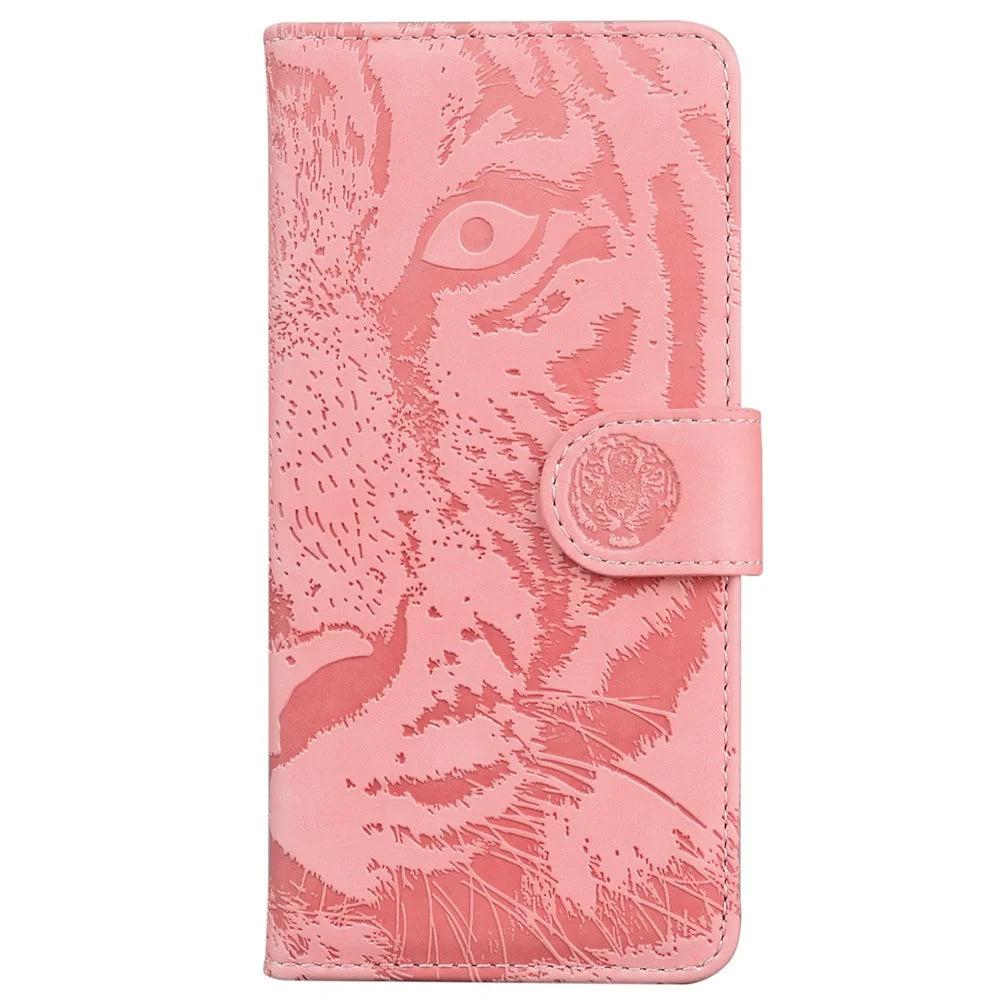 For Samsung Galaxy F04 4G / M04 4G / A04e 4G Stand Wallet Phone Cover Tiger Pattern Imprinted Leather Case - Pink - 6