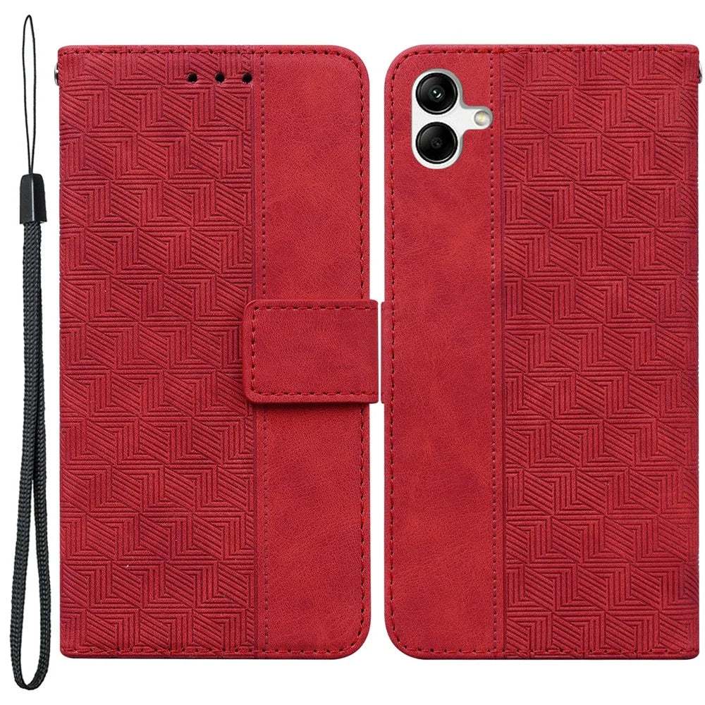 For Samsung Galaxy A04e 4G / F04 4G / M04 4G Imprinted Phone Case PU Leather Wallet Shockproof Stand Cover with Hand Strap - Red - 1