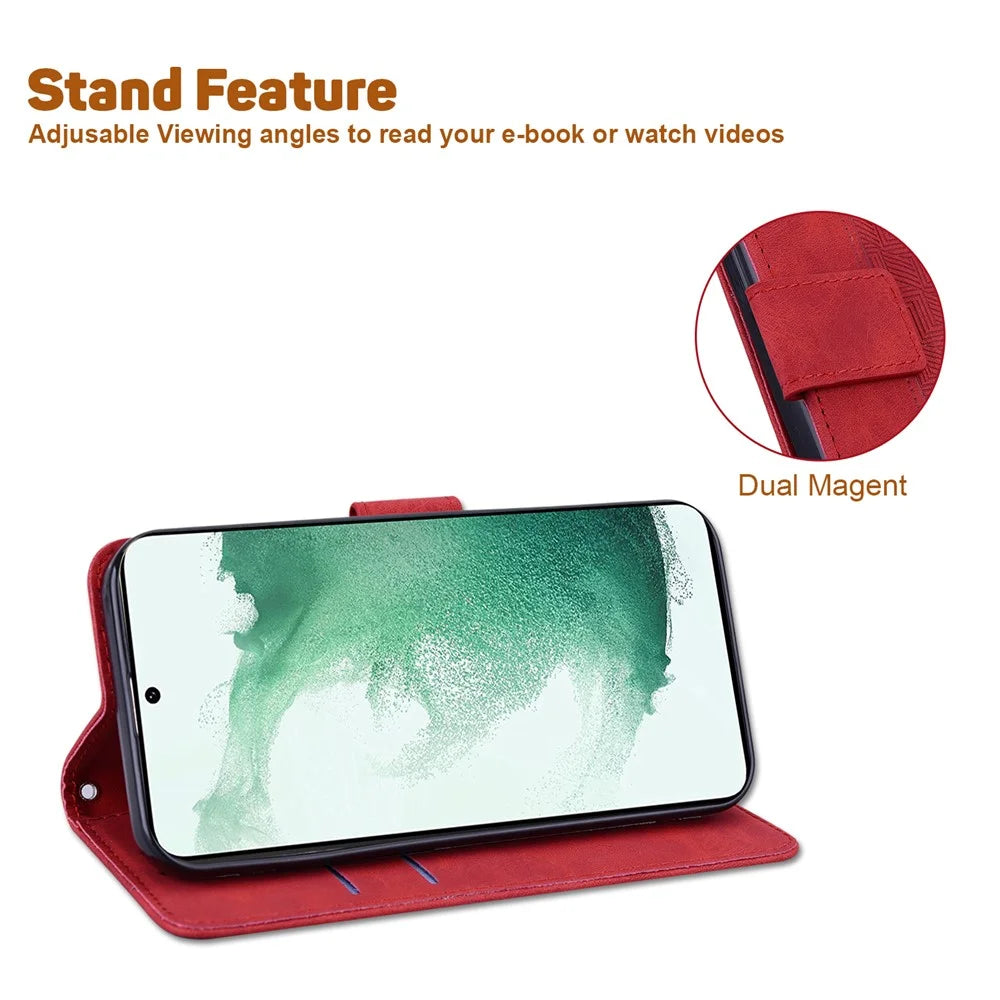 For Samsung Galaxy A04e 4G / F04 4G / M04 4G Imprinted Phone Case PU Leather Wallet Shockproof Stand Cover with Hand Strap - Red - 2