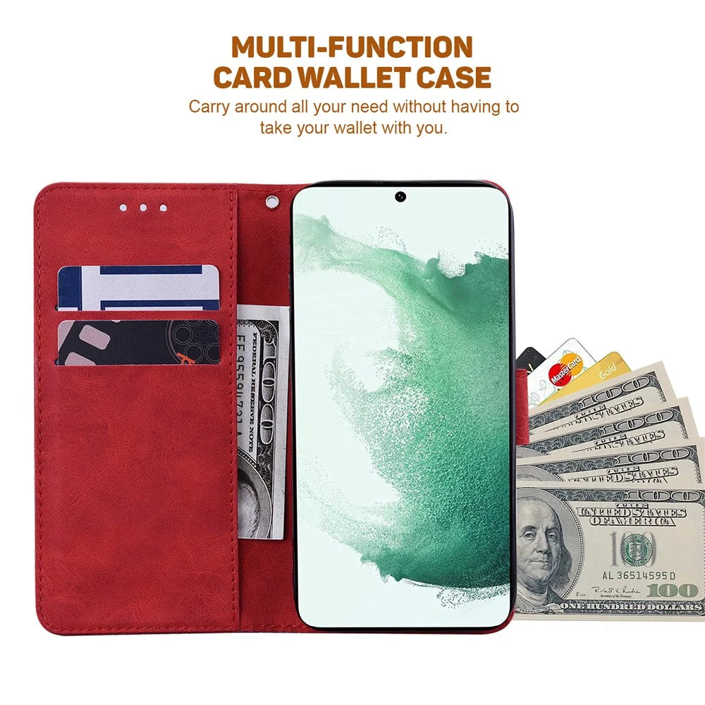 For Samsung Galaxy A04e 4G / F04 4G / M04 4G Imprinted Phone Case PU Leather Wallet Shockproof Stand Cover with Hand Strap - Red - 3