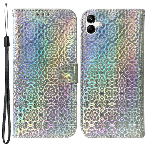 For Samsung Galaxy F04 4G / M04 4G / A04e 4G Wallet Phone Case Stand Magnetic Leather Dazzling Flower Pattern Phone Cover - Grey - 1