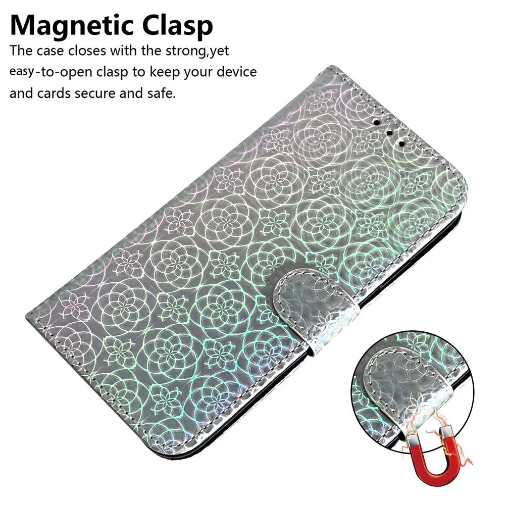 For Samsung Galaxy F04 4G / M04 4G / A04e 4G Wallet Phone Case Stand Magnetic Leather Dazzling Flower Pattern Phone Cover - Grey - 4