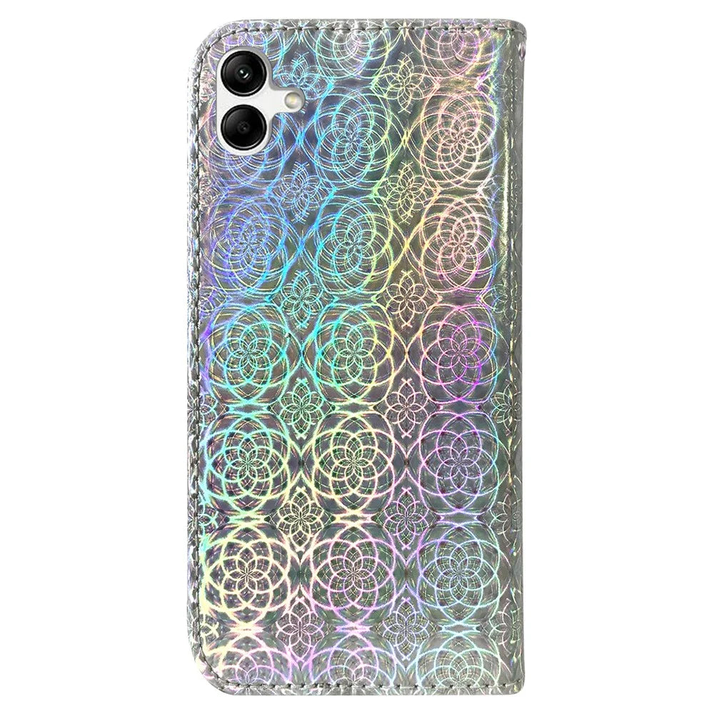 For Samsung Galaxy F04 4G / M04 4G / A04e 4G Wallet Phone Case Stand Magnetic Leather Dazzling Flower Pattern Phone Cover - Grey - 7