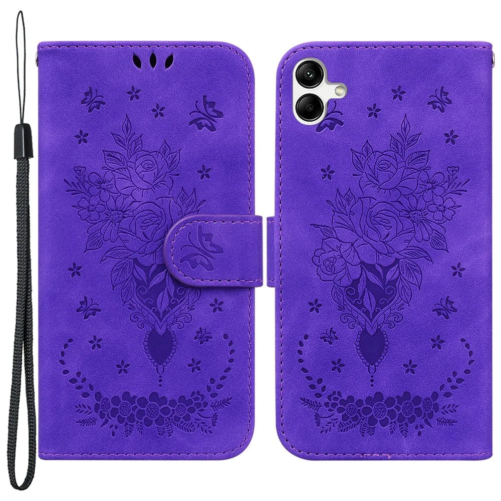 For Samsung Galaxy A04e 4G / F04 4G / M04 4G Phone Leather Case Imprinted Rose Butterfly Wallet Stand Cover with Strap - Purple - 1