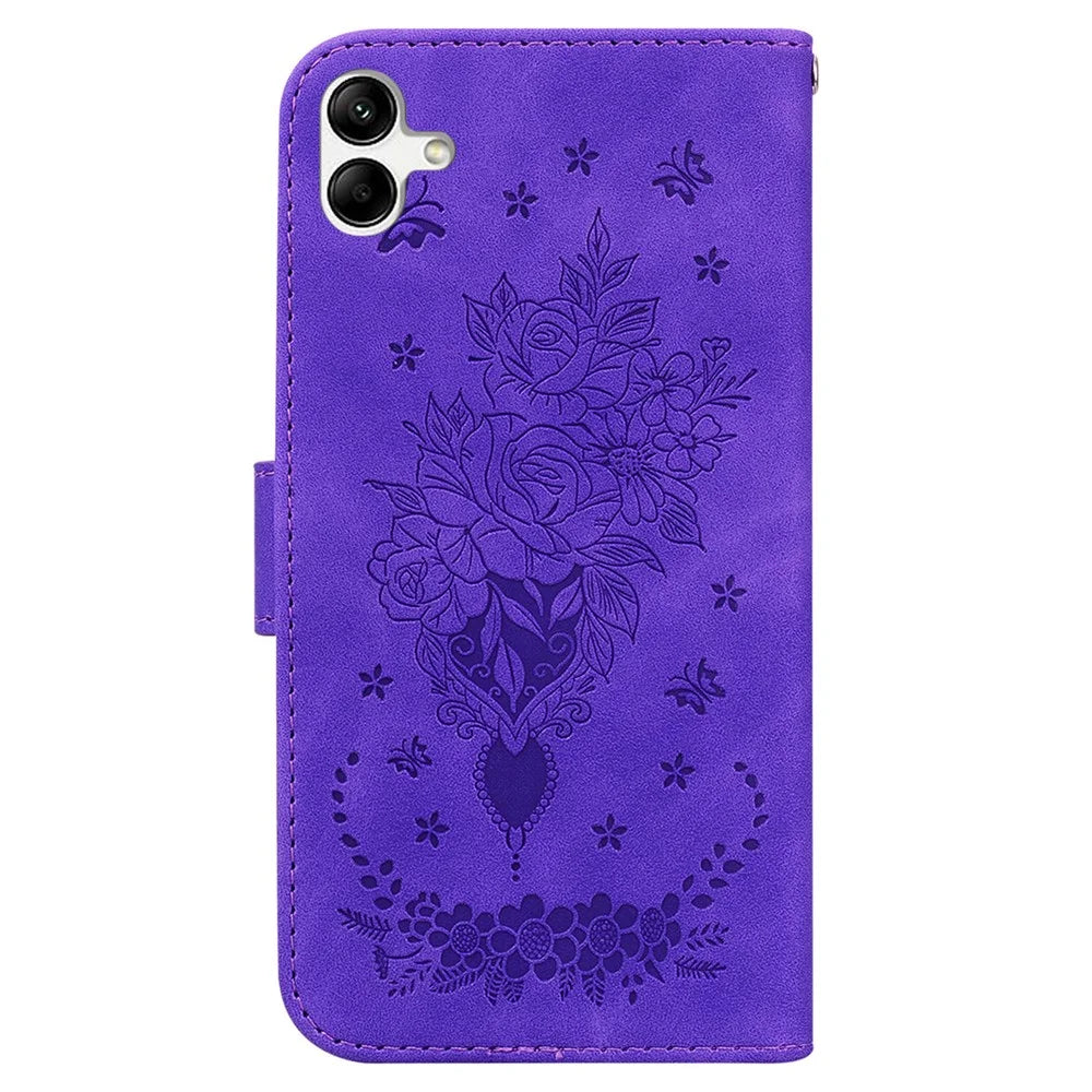 For Samsung Galaxy A04e 4G / F04 4G / M04 4G Phone Leather Case Imprinted Rose Butterfly Wallet Stand Cover with Strap - Purple - 7