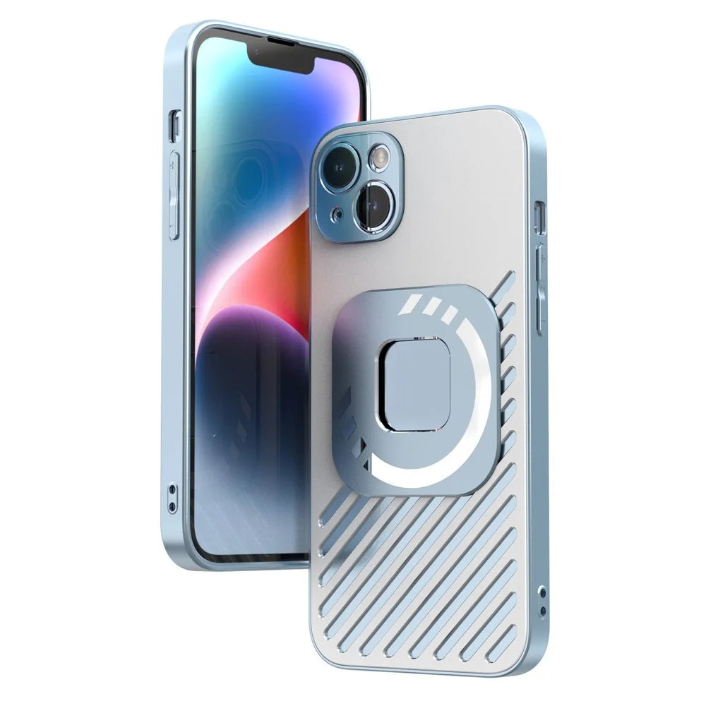 R-JUST SJ55 For iPhone 14 Plus TPU+PC+Metal Hollow Drop-proof Cover Magnetic Phone Case Compatible with MagSafe - Blue - 1