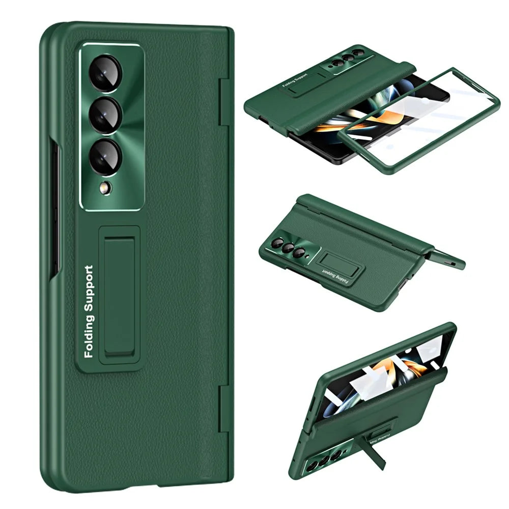 For Samsung Galaxy Z Fold4 5G Hinge Protection Phone Case PU Leather Coated PC Kickstand Cover with Tempered Glass Film - Green - 1