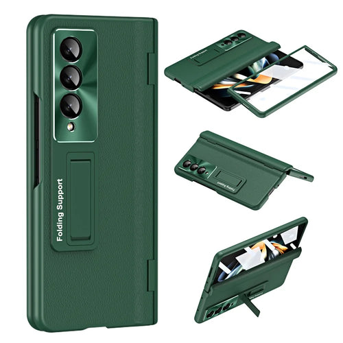 For Samsung Galaxy Z Fold4 5G Hinge Protection Phone Case PU Leather Coated PC Kickstand Cover with Tempered Glass Film - Green - 1