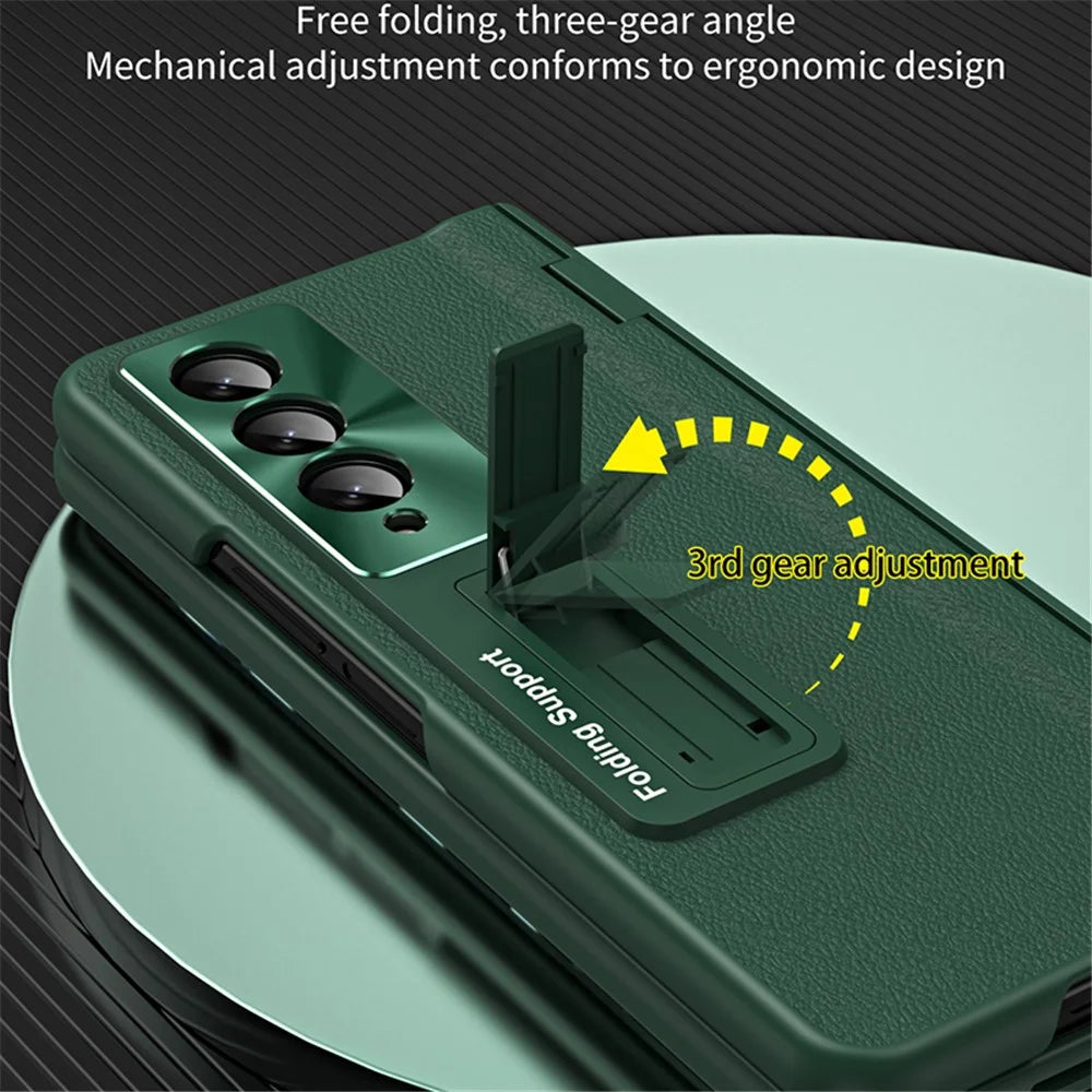 For Samsung Galaxy Z Fold4 5G Hinge Protection Phone Case PU Leather Coated PC Kickstand Cover with Tempered Glass Film - Green - 2