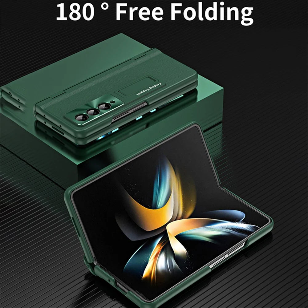 For Samsung Galaxy Z Fold4 5G Hinge Protection Phone Case PU Leather Coated PC Kickstand Cover with Tempered Glass Film - Green - 3