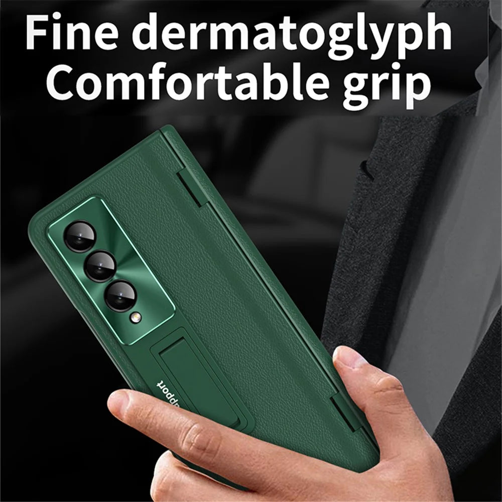 For Samsung Galaxy Z Fold4 5G Hinge Protection Phone Case PU Leather Coated PC Kickstand Cover with Tempered Glass Film - Green - 4