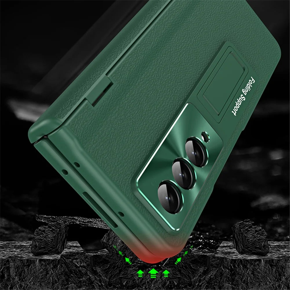 For Samsung Galaxy Z Fold4 5G Hinge Protection Phone Case PU Leather Coated PC Kickstand Cover with Tempered Glass Film - Green - 5