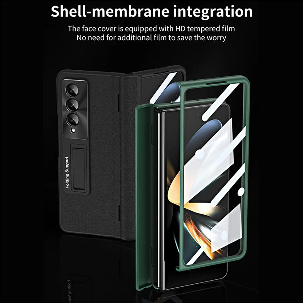 For Samsung Galaxy Z Fold4 5G Hinge Protection Phone Case PU Leather Coated PC Kickstand Cover with Tempered Glass Film - Green - 6