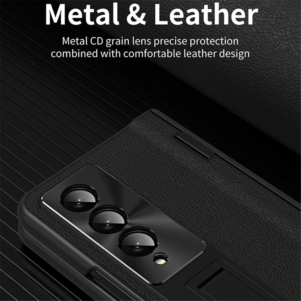 For Samsung Galaxy Z Fold4 5G Hinge Protection Phone Case PU Leather Coated PC Kickstand Cover with Tempered Glass Film - Green - 7