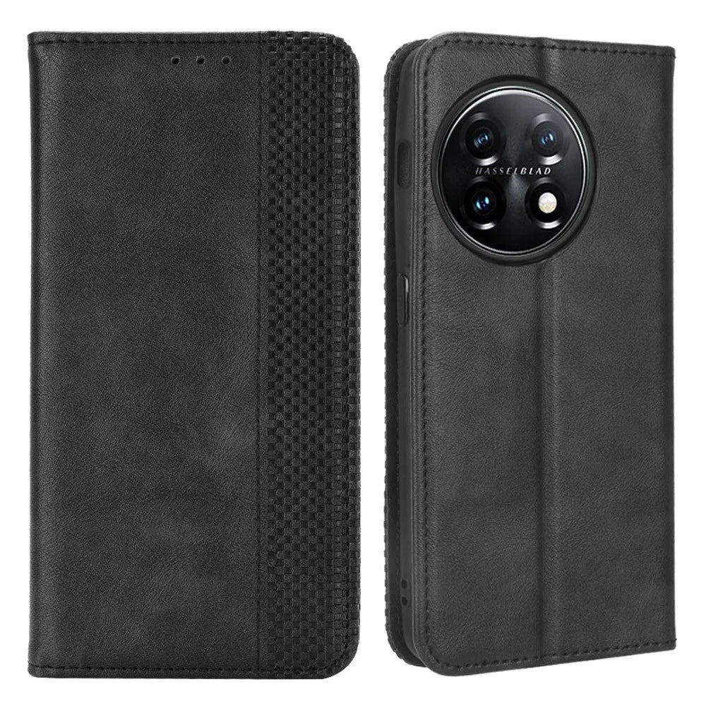 For OnePlus 11R 5G / Ace 2 5G PU Leather Wallet Phone Case Retro Magnetic Closing Stand Cover - Black - 1