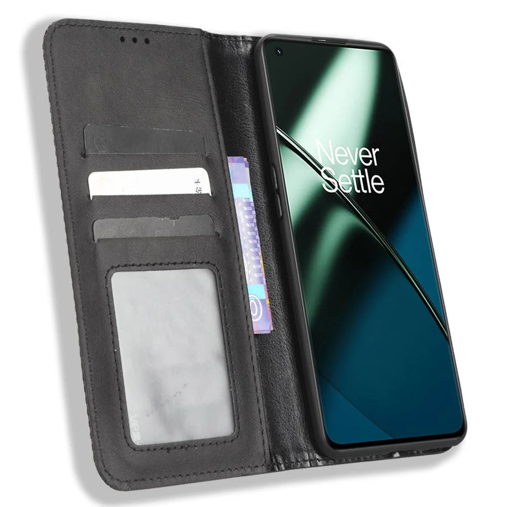 For OnePlus 11R 5G / Ace 2 5G PU Leather Wallet Phone Case Retro Magnetic Closing Stand Cover - Black - 2