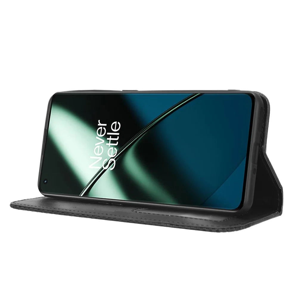 For OnePlus 11R 5G / Ace 2 5G PU Leather Wallet Phone Case Retro Magnetic Closing Stand Cover - Black - 3