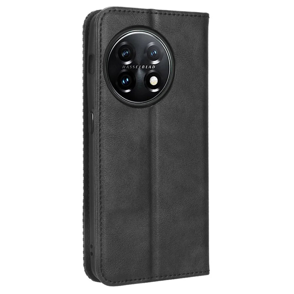 For OnePlus 11R 5G / Ace 2 5G PU Leather Wallet Phone Case Retro Magnetic Closing Stand Cover - Black - 7