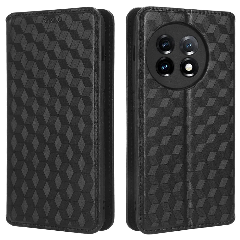 For OnePlus Ace 2 5G / 11R 5G Wallet Stand Phone Case PU Leather Imprinted Rhombus Pattern Phone Cover - Black - 1