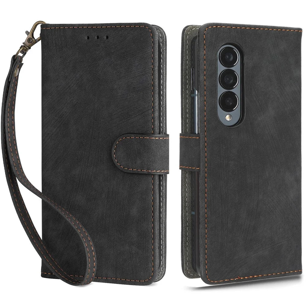 For Samsung Galaxy Z Fold3 5G Leather Phone Case RFID Blocking Wallet Stand Smartphone Cover with Strap - Black - 1