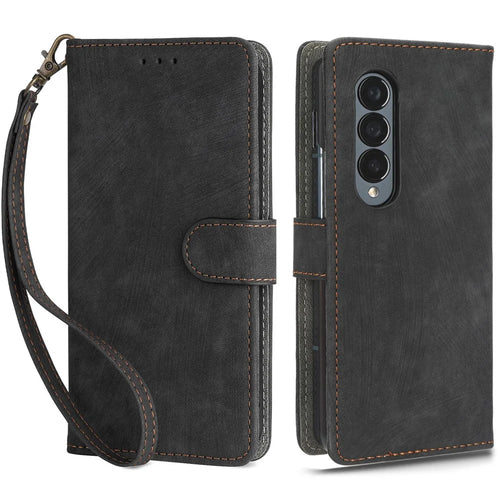 For Samsung Galaxy Z Fold3 5G Leather Phone Case RFID Blocking Wallet Stand Smartphone Cover with Strap - Black - 1