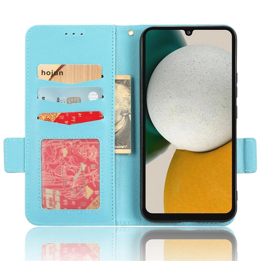 For Samsung Galaxy A24 4G (162.1 x 77.6 x 8.3mm) PU Leather Phone Case Litchi Texture Wallet Stand Protective Phone Cover - Baby Blue - 2