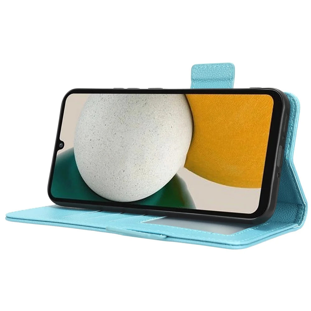 For Samsung Galaxy A24 4G (162.1 x 77.6 x 8.3mm) PU Leather Phone Case Litchi Texture Wallet Stand Protective Phone Cover - Baby Blue - 3