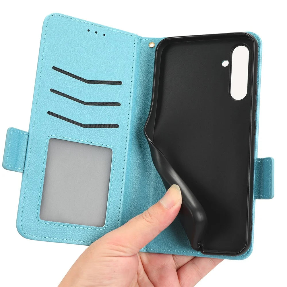 For Samsung Galaxy A24 4G (162.1 x 77.6 x 8.3mm) PU Leather Phone Case Litchi Texture Wallet Stand Protective Phone Cover - Baby Blue - 4