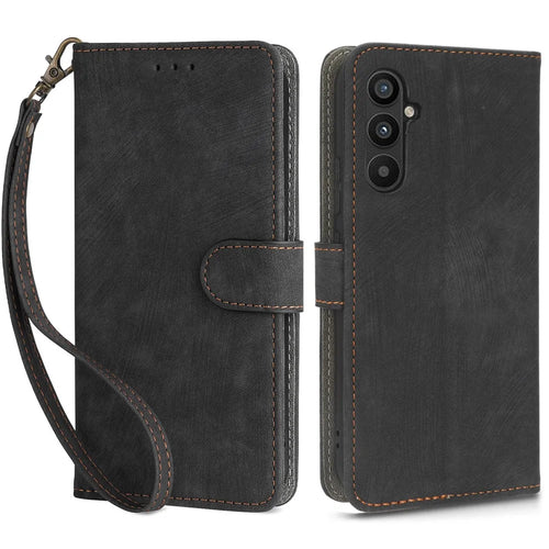 For Samsung Galaxy A24 4G (162.1 x 77.6 x 8.3mm) RFID Blocking Phone Cover Wallet Stand Leather Case with Strap - Black - 1
