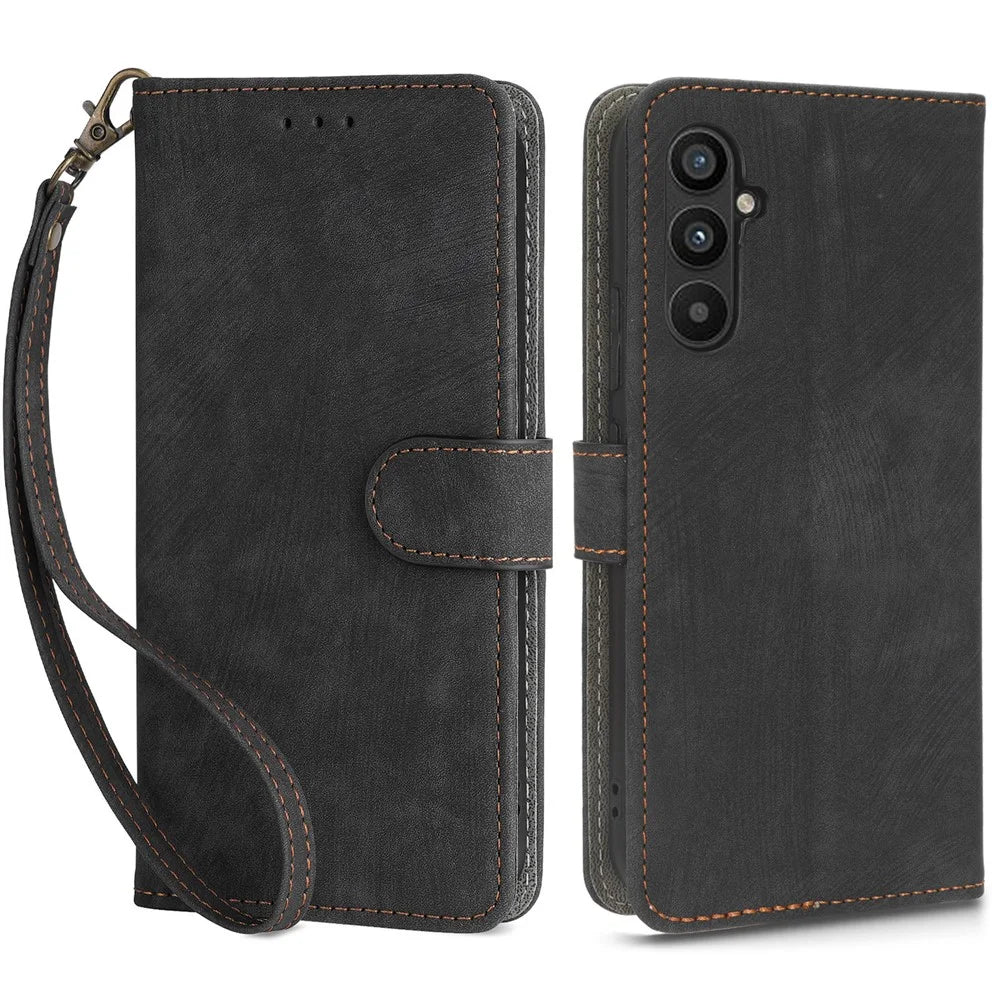 For Samsung Galaxy A24 4G (162.1 x 77.6 x 8.3mm) RFID Blocking Phone Cover Wallet Stand Leather Case with Strap - Black - 1