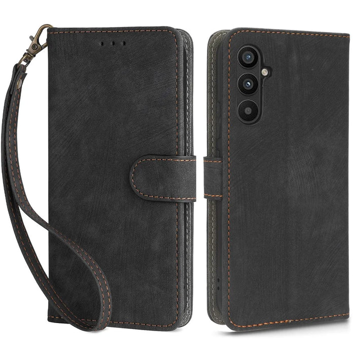 For Samsung Galaxy A24 4G (162.1 x 77.6 x 8.3mm) RFID Blocking Phone Cover Wallet Stand Leather Case with Strap - Black - 1